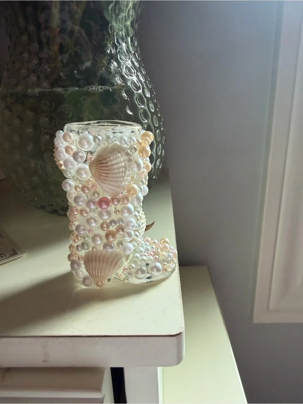 Pearlescent Shell Beaded Glass Shot Glass - Pink/White